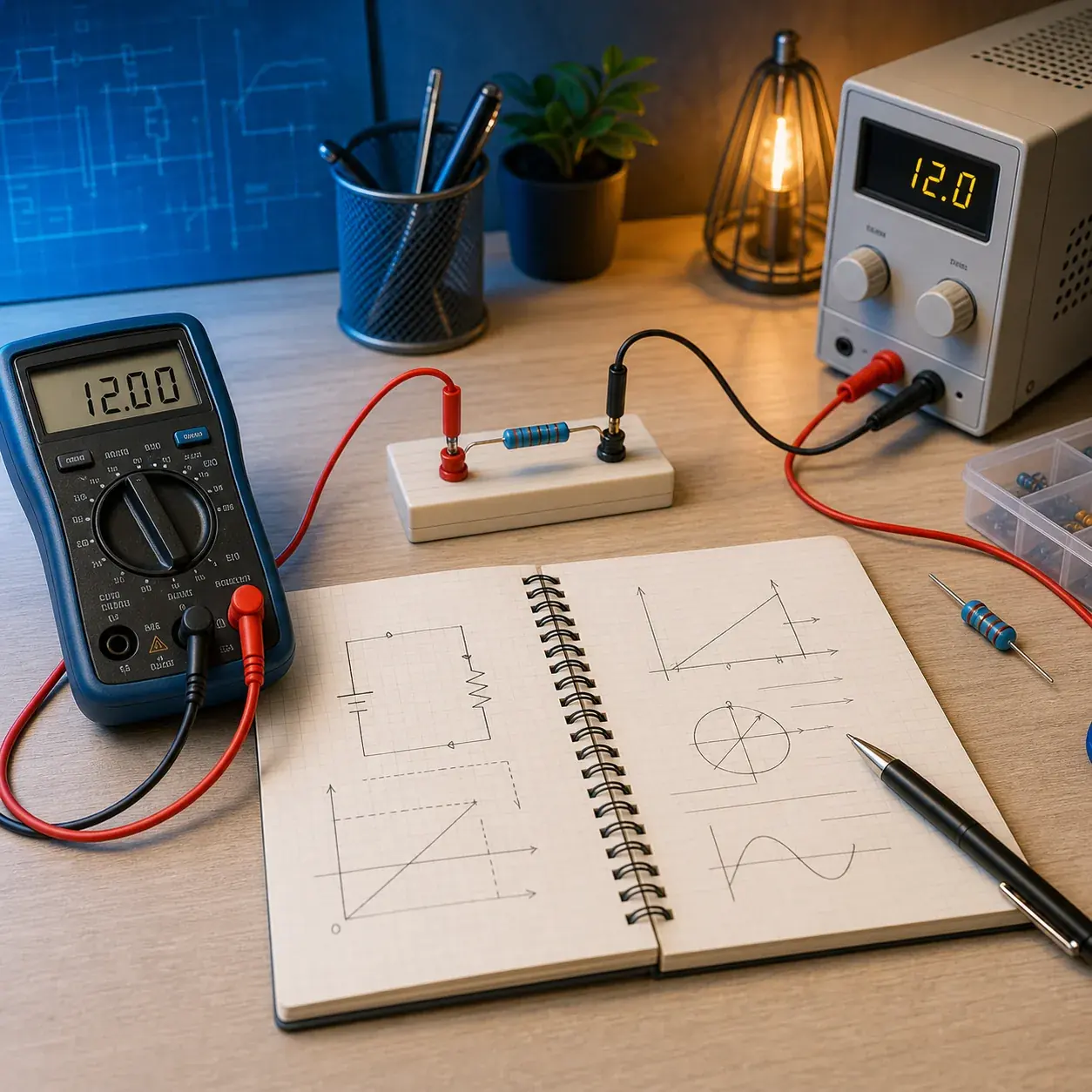 電源と抵抗を接続した回路を測定しながら電気計算を確認する作業台