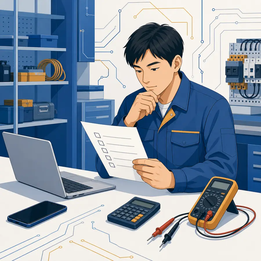 電気設備の技術者がスマートフォンや計算機を比較してツールを選ぶ作業風景