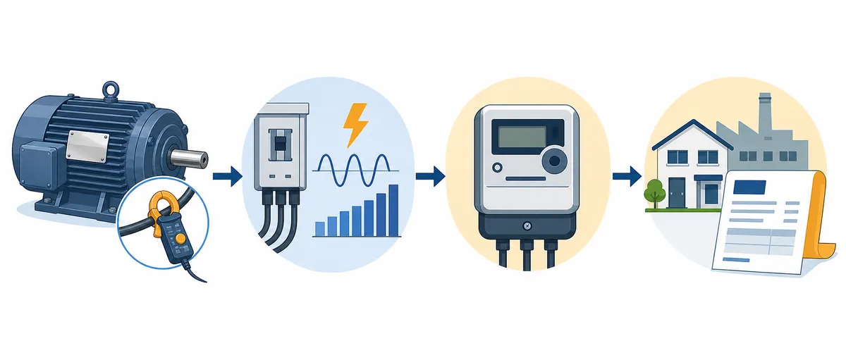 モーターの銘板確認と電流測定から電力量計と電気代へ換算する流れの説明図