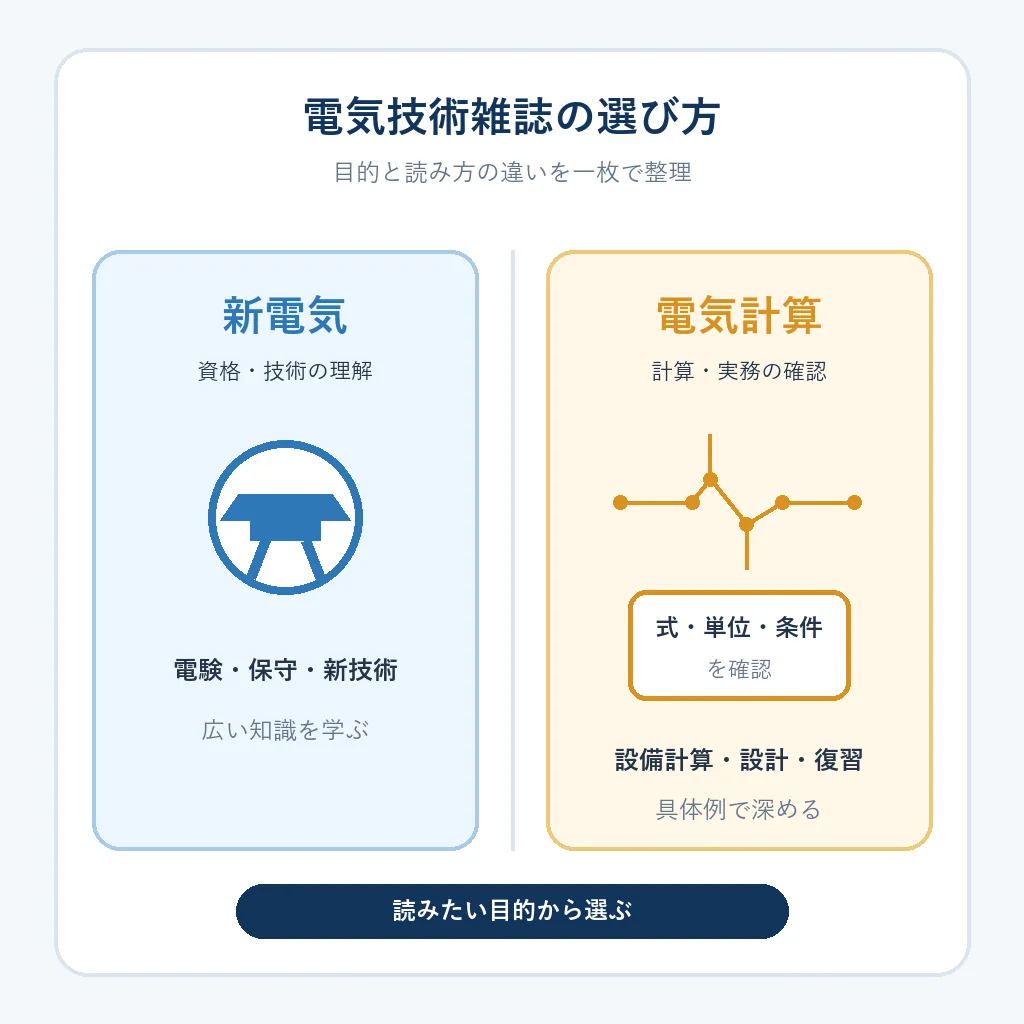 新電気と電気計算の違いを資格学習と実務計算の目的で比較する図